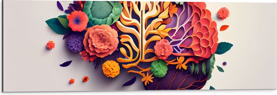 Dibond - Hersenen van Tuinman met Bloemen en Planten - 90x30 cm Foto op Aluminium (Wanddecoratie van metaal)