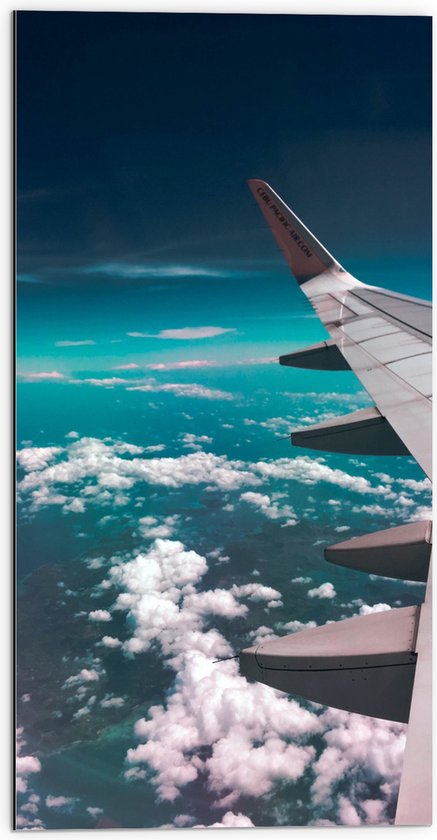 Dibond - Vleugel van Passagiersvliegtuig Vliegend Boven Schapenwolken - 50x100 cm Foto op Aluminium (Met Ophangsysteem)