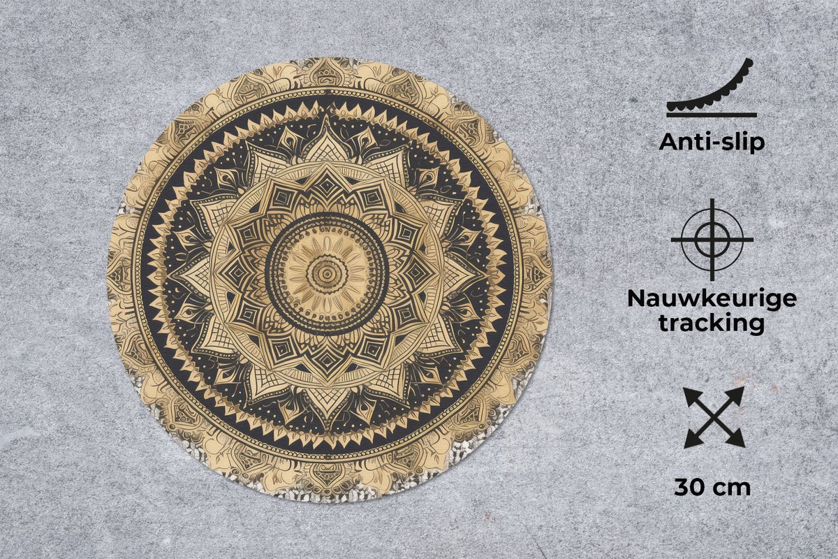 Muismat rond 30x30 cm - Mousepad Mandala - Bloem - Goud - Luxe - Bohemian - Ronde muismatten