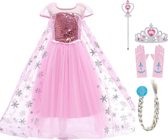 Prinsessenjurk meisje - Elsa jurk -Prinsessen speelgoed - Het Betere Merk - maat 146/152 (150) - Tiara - Kroon - Haarvlecht - Handschoenen - Toverstaf - Verkleedkleren - Prinsessen - Carnavalskleding Kinderen - Roze