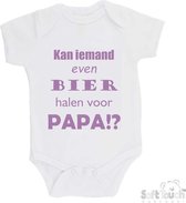 100% katoenen Romper "Kan iemand even bier halen voor papa!?" Vader Vaderdag Papa Meisjes Katoen Wit/lila Maat 56/62