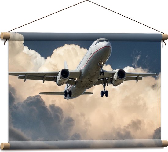 Textielposter - Wit Passagiersvliegtuig Vliegend vanuit Dicht Wolkendek - 60x40 cm Foto op Textiel