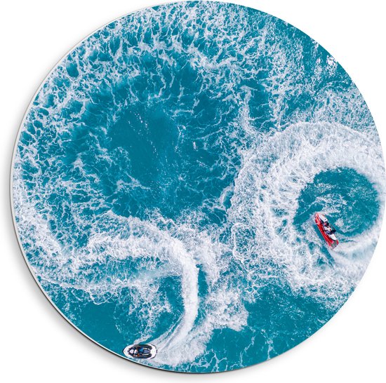 PVC Schuimplaat Muurcirkel - Bovenaanzicht van Stuntende Jetski's op Golven van de Zee - 40x40 cm Foto op Muurcirkel (met ophangsysteem)