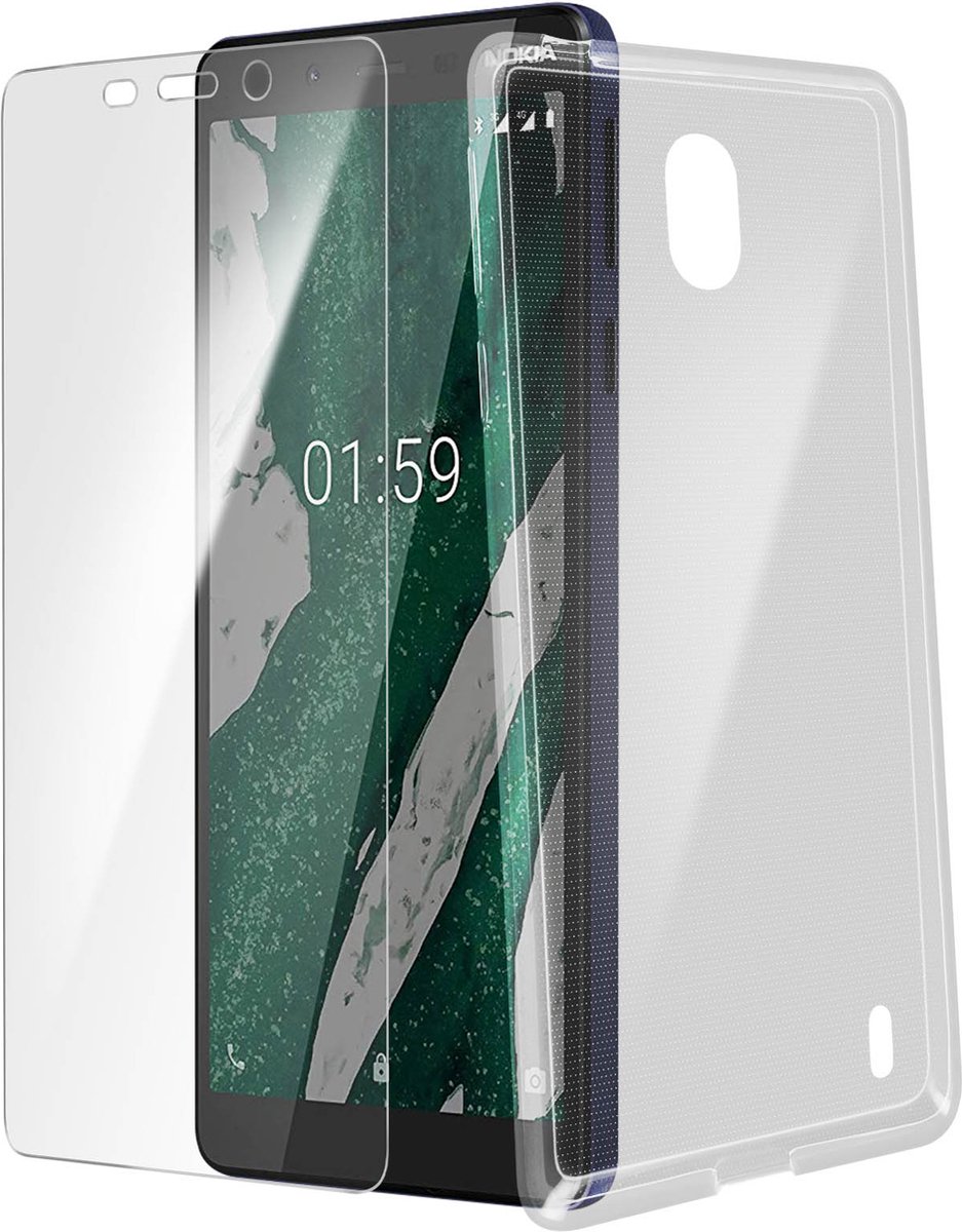 Beschermingspakket Nokia 1 Plus Tempered Glass Film Transparant Soft Shell Muvit