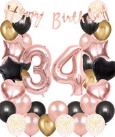 Snoes Ballonnen 34 Jaar Set Mega Rose Black Zwart Ballonen set - Compleet Feestpakket Cijferballon 34 Jaar - Verjaardag Versiering Slinger Happy Birthday – Folieballon – Latex Ballonnen - Helium Ballonnen