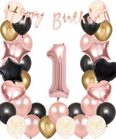 Snoes Ballonnen 1 Jaar Set Mega Rose Black Zwart Ballonen set - Compleet Feestpakket Cijferballon 1 Jaar - Verjaardag Versiering Slinger Happy Birthday – Folieballon – Latex Ballonnen - Helium Ballonnen
