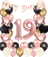 Snoes Ballonnen 19 Jaar Set Mega Rose Black Zwart Ballonen set - Compleet Feestpakket Cijferballon 19 Jaar - Verjaardag Versiering Slinger Happy Birthday – Folieballon – Latex Ballonnen - Helium Ballonnen