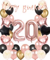 Snoes Ballonnen 20 Jaar Set Mega Rose Black Zwart Ballonen set - Compleet Feestpakket Cijferballon 20 Jaar - Verjaardag Versiering Slinger Happy Birthday – Folieballon – Latex Ballonnen - Helium Ballonnen