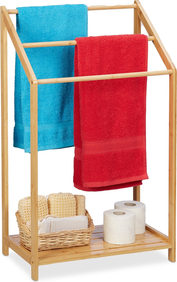 Relaxdays handdoekenrek bamboe met plank - handdoekhouder staand - handdoekstandaard