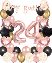 Snoes Ballonnen 24 Jaar Set Mega Rose Black Zwart Ballonen set - Compleet Feestpakket Cijferballon 24 Jaar - Verjaardag Versiering Slinger Happy Birthday – Folieballon – Latex Ballonnen - Helium Ballonnen