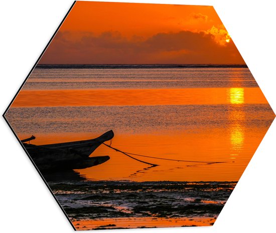 Dibond Hexagon - Bootje - Water - Zee - Zonsondergang - Oranje - 50x43.5 cm Foto op Hexagon (Met Ophangsysteem)