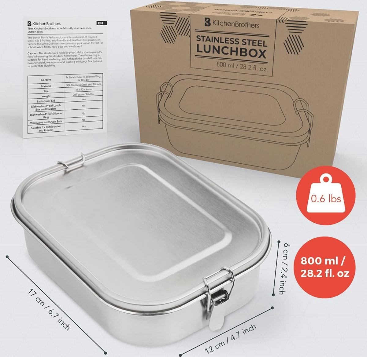 Everusely - Roestvrijstalen lunchbox - 800 ml, 2 verstelbare verdelers - Lekvrije bento-boxen voor volwassenen en kinderen - Voedselopslagdozen voor snacks en salade Everusely - Roestvrijstalen lunchbox - 800 ml, 2 verstelbare verdelers - Lekvrije bento-boxen voor volwassenen en kinderen - Voedselopslagdozen voor snacks en salade