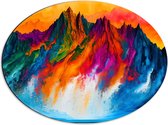 Dibond Ovaal - Waterverf Tekening van Kleurrijke Bergen onder Oranje Lucht - 56x42 cm Foto op Ovaal (Met Ophangsysteem)