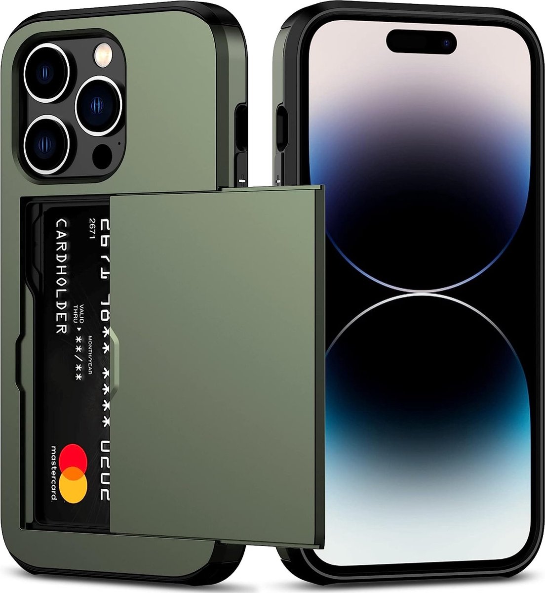 ShieldCase telefoonhoesje geschikt voor Apple iPhone 15 Pro Kaarthouder case met slider - hoesje met ruimte voor pasjes - pasjeshouder - hardcase - donkergroen
