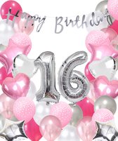 Snoes Ballonnen 16 Jaar Pink Blush Silver Mega Ballon - Compleet Feestpakket 16 Jaar - Verjaardag Versiering Slinger Happy Birthday – Folieballon – Latex Ballonnen - Helium Ballonnen - Zilver en Roze Verjaardag Decoratie