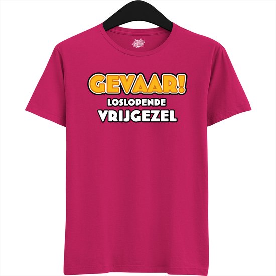 Gevaar! Loslopende Vrijgezel | Vrijgezellenfeest Cadeau Man - Groom To Be Bachelor Party - Grappig Bruiloft En Bruidegom Bier Shirt - T-Shirt - Unisex - Fuchsia - Maat L