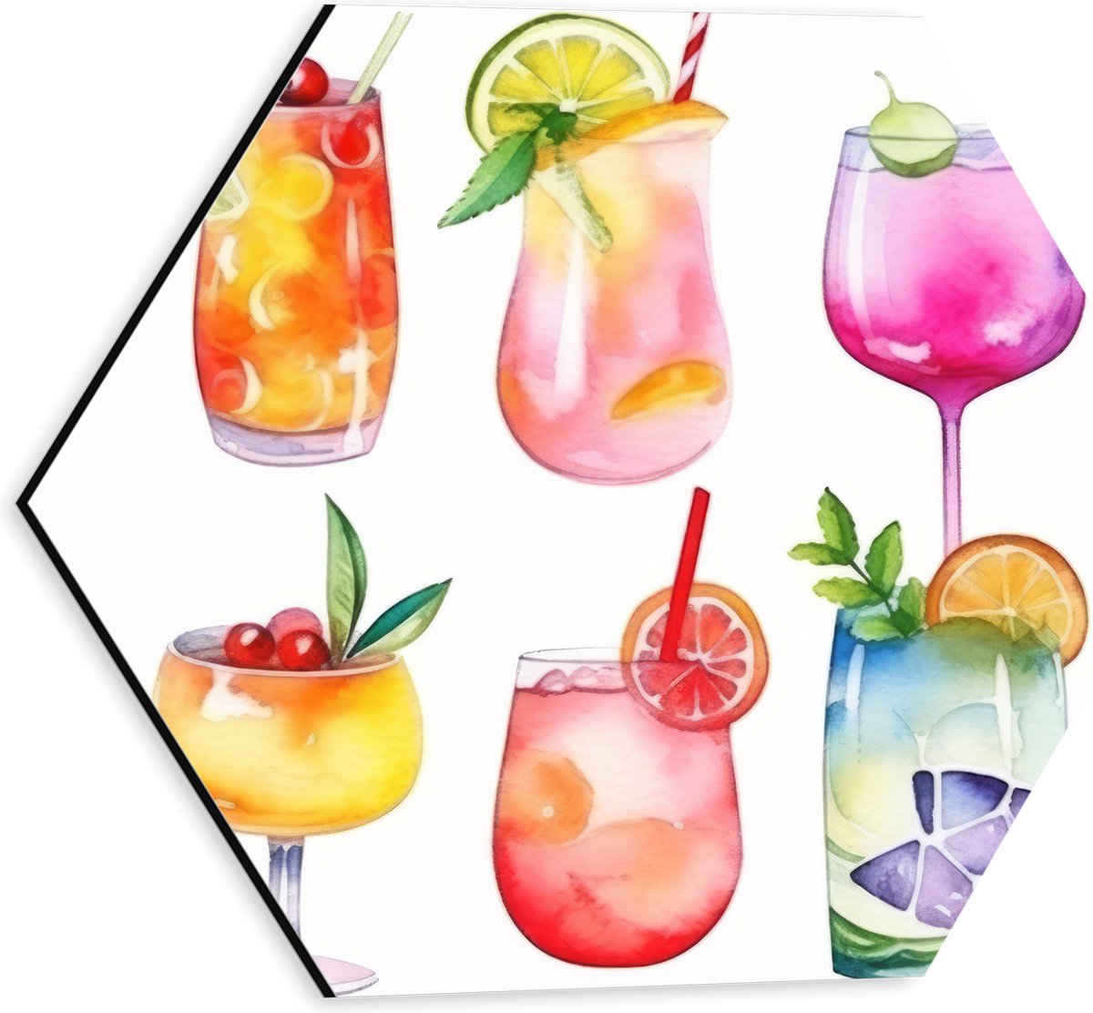 Dibond Hexagon - Waterverf Tekening van Verschillende Kleuren Cocktails op Witte Achtergrond - 30x26.1 cm Foto op Hexagon (Met Ophangsysteem)