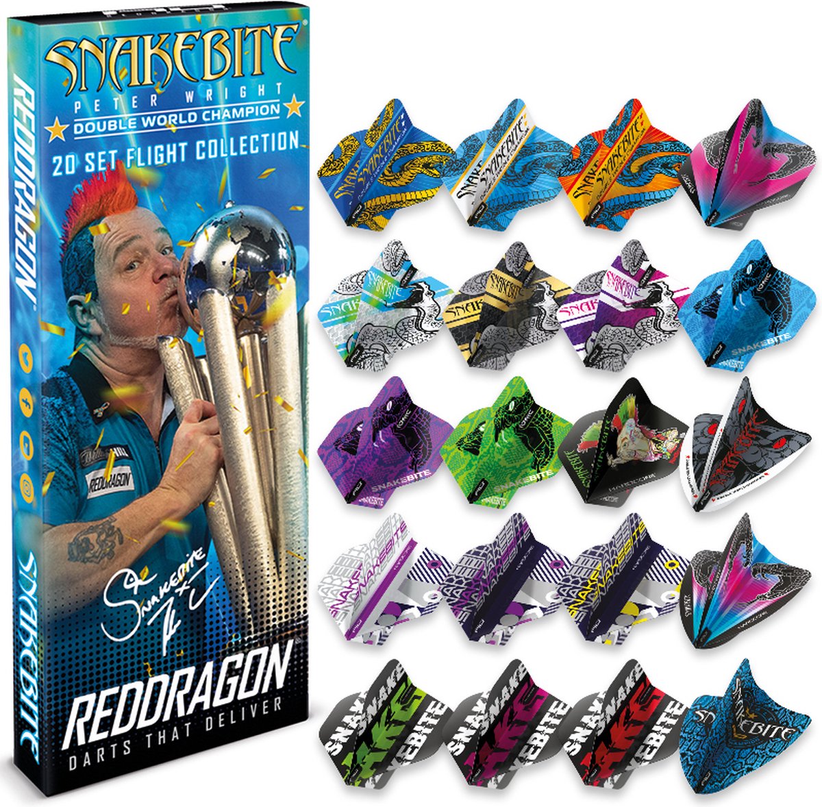 RED DRAGON - Peter Wright Snakebite Double World Champion vlucht collectie - (20 dartvluchten in totaal)