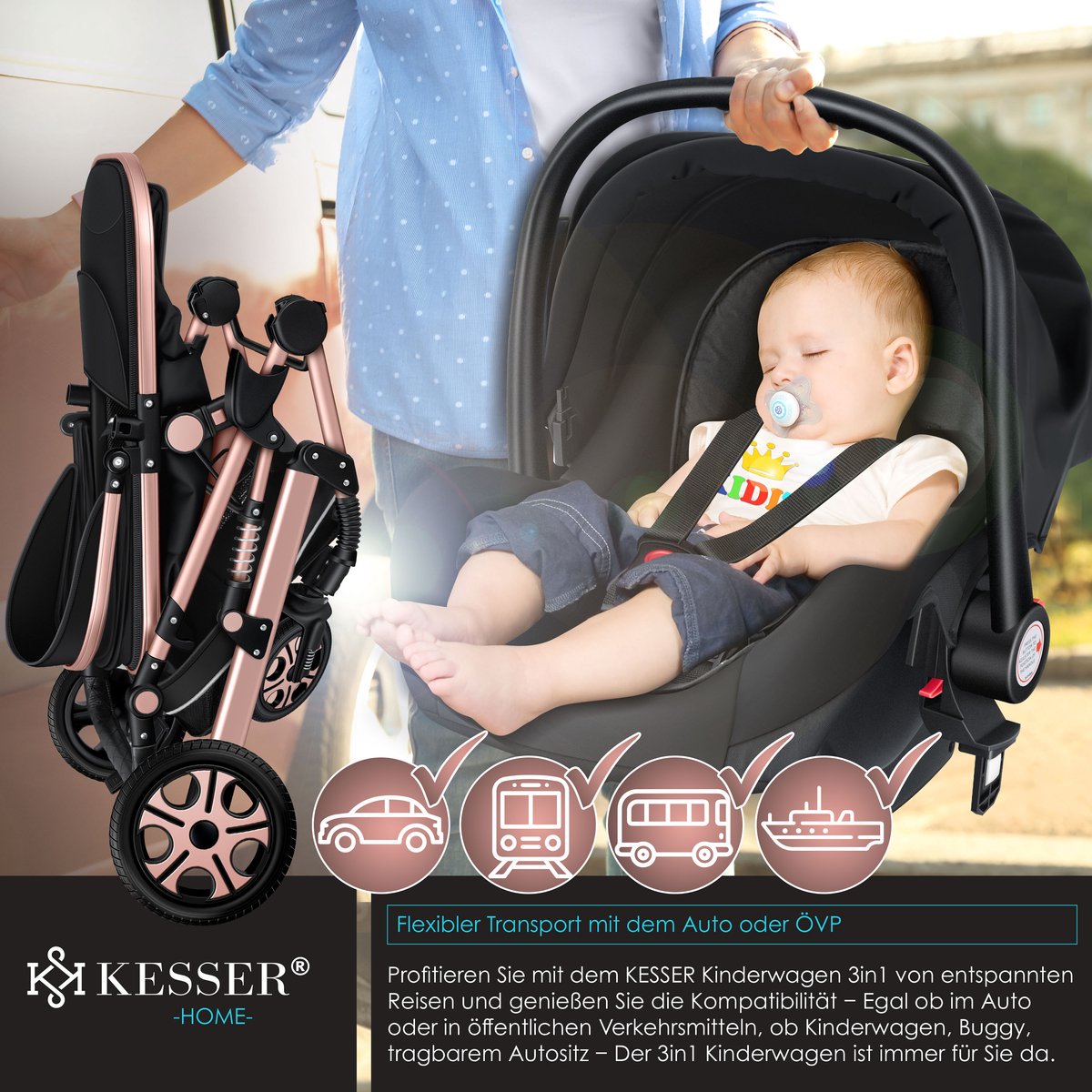 KESSER® 3 in 1 Kinderwagen Set met Autostoel en Reiswieg - Zwart/Roségoud - afbeelding 2