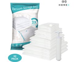 HomeX Vacuümzakken met handpomp - 32 Stuks - Geschikt voor kleding en dekbedden - 4 verschillende maten van opbergtassen