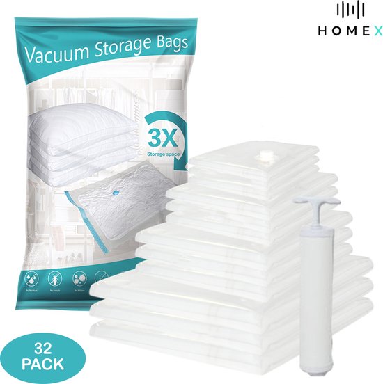 Sacs sous vide HomeX avec pompe à main - 32 pièces - Convient pour les vêtements et les couettes - 4 tailles différentes de sacs de rangement