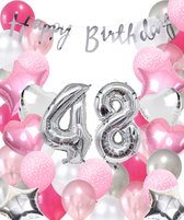 Snoes Ballonnen 48 Jaar Pink Blush Silver Mega Ballon - Compleet Feestpakket 48 Jaar - Verjaardag Versiering Slinger Happy Birthday – Folieballon – Latex Ballonnen - Helium Ballonnen - Zilver en Roze Verjaardag Decoratie