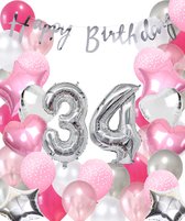 Snoes Ballonnen 34 Jaar Pink Blush Silver Mega Ballon - Compleet Feestpakket 34 Jaar - Verjaardag Versiering Slinger Happy Birthday – Folieballon – Latex Ballonnen - Helium Ballonnen - Zilver en Roze Verjaardag Decoratie