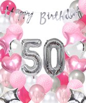 Snoes Ballonnen 50 Jaar Pink Blush Silver Mega Ballon - Compleet Feestpakket 50 Jaar - Verjaardag Versiering Slinger Happy Birthday – Folieballon – Latex Ballonnen - Helium Ballonnen - Zilver en Roze Verjaardag Decoratie