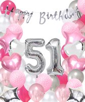 Snoes Ballonnen 51 Jaar Pink Blush Silver Mega Ballon - Compleet Feestpakket 51 Jaar - Verjaardag Versiering Slinger Happy Birthday – Folieballon – Latex Ballonnen - Helium Ballonnen - Zilver en Roze Verjaardag Decoratie