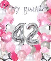 Snoes Ballonnen 42 Jaar Pink Blush Silver Mega Ballon - Compleet Feestpakket 42 Jaar - Verjaardag Versiering Slinger Happy Birthday – Folieballon – Latex Ballonnen - Helium Ballonnen - Zilver en Roze Verjaardag Decoratie