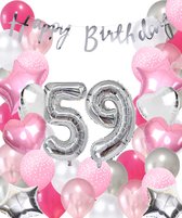 Snoes Ballonnen 59 Jaar Pink Blush Silver Mega Ballon - Compleet Feestpakket 59 Jaar - Verjaardag Versiering Slinger Happy Birthday – Folieballon – Latex Ballonnen - Helium Ballonnen - Zilver en Roze Verjaardag Decoratie