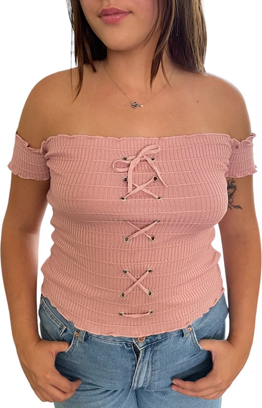 ASTRADAVI Casual Wear - Geribbelde Off-Shoulder Tops Dames - One Size (S/M) - Roze