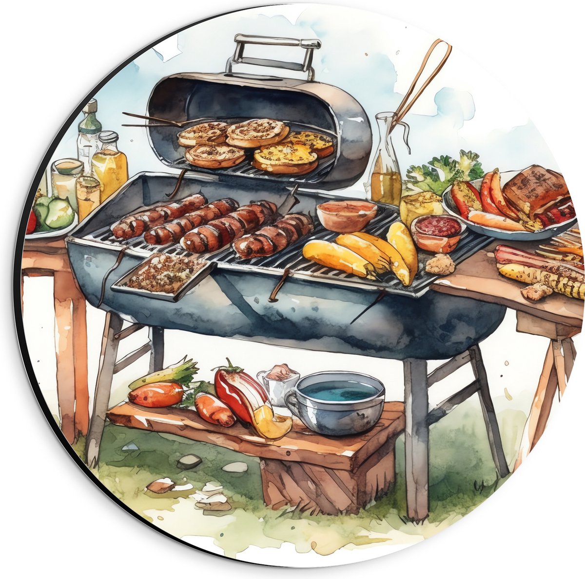 Dibond Muurcirkel - Tekening met Barbecue met Eten - 20x20 cm Foto op Aluminium Muurcirkel (met ophangsysteem)