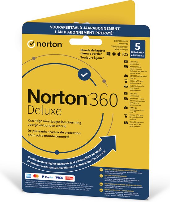 Verpakking van Norton 360 Deluxe met gele en donkerblauwe accenten. Grote tekst 'Norton 360 Deluxe' en kenmerken zoals '5 apparaten' en 'Bescherming tegen virussen, malware, spyware en ransomware'.
