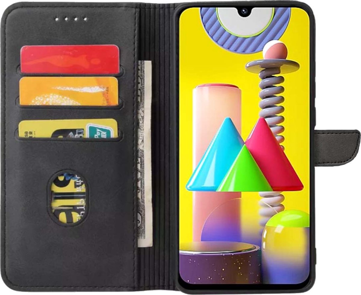 Geschikt voor Samsung Galaxy M31 Telefoonhoesje Kunstleer met Magnetisch lipje en Pasjeshouder Book Case met Klepje - Zwart - Smartphonica geschikt voor Samsung Galaxy M31