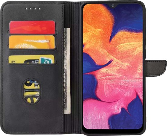 Zwart telefoonhoesje met pasjeshouder, portemonnee en display.