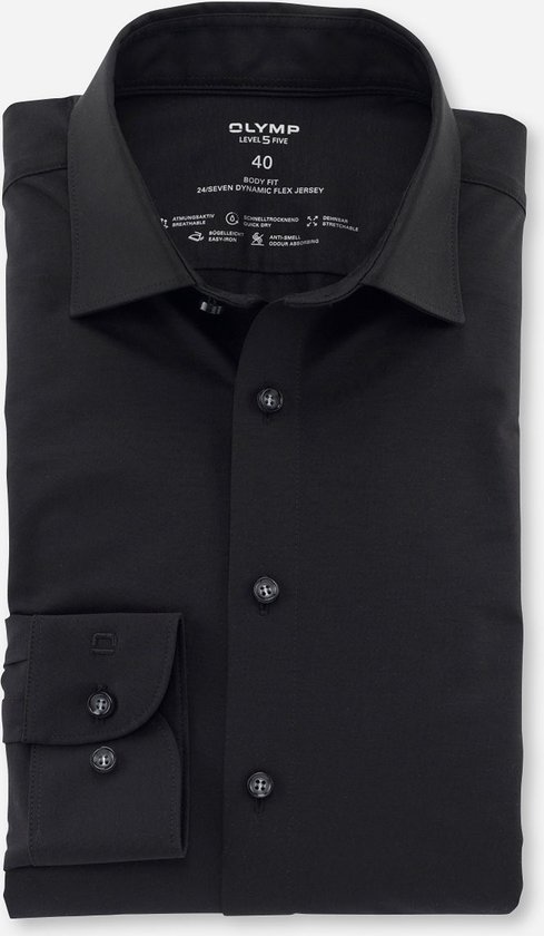 OLYMP Level 5 body fit overhemd 24/7 - mouwlengte 7 - zwart tricot - Strijkvriendelijk - Boordmaat: 39