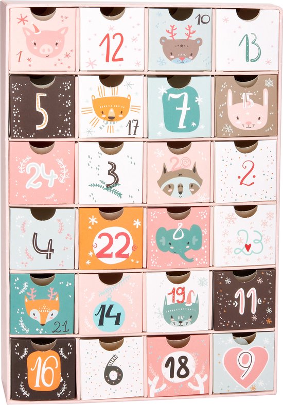 BRUBAKER Adventskalender - Animal Christmas Pink - Kerstkalender met 24 Vakjes om zelf te vullen met kleine Cadeautjes - 32,5 cm hoog - Karton