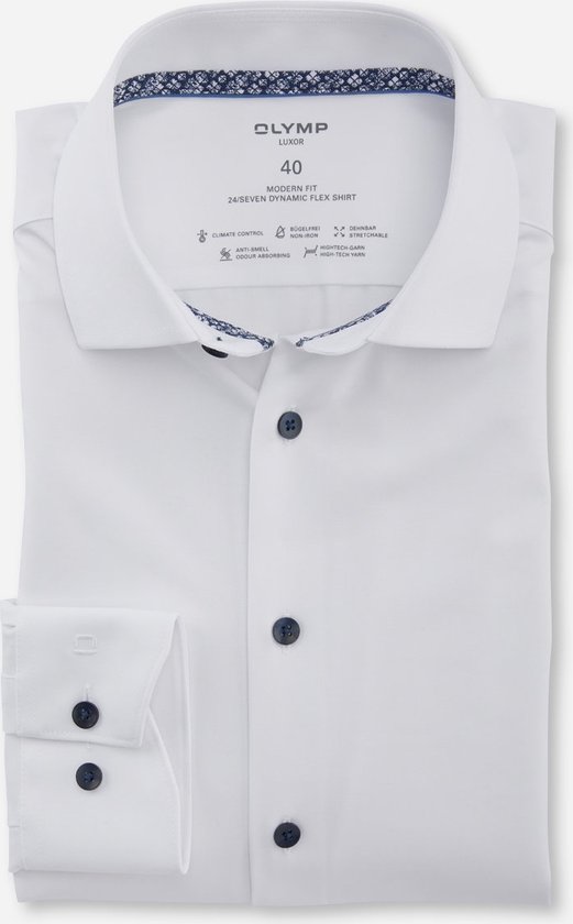 OLYMP 24/7 modern fit overhemd - mouwlengte 7 - twill - wit (contrast) - Strijkvrij - Boordmaat: 44