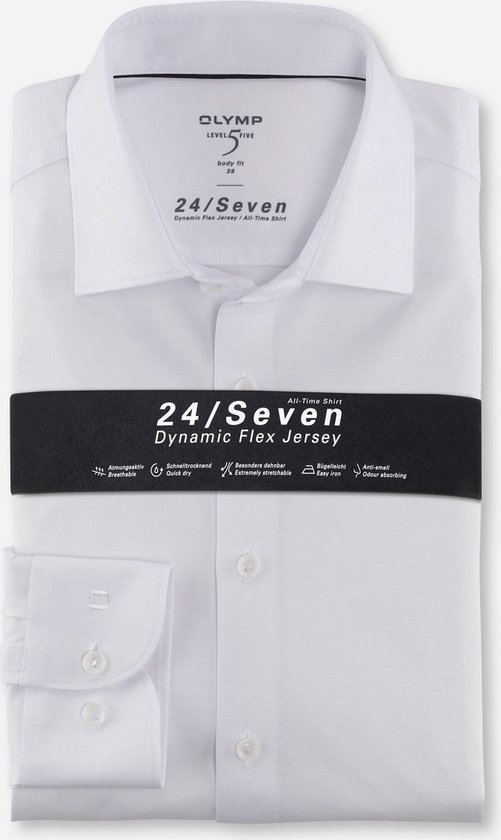 OLYMP Level 5 24/Seven body fit overhemd - mouwlengte 7 - wit tricot - Strijkvriendelijk - Boordmaat: 43