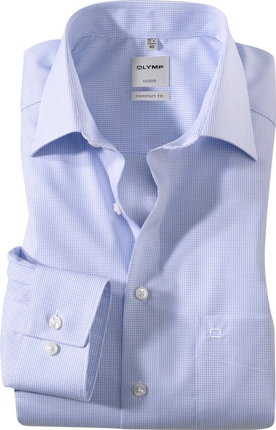 OLYMP Luxor comfort fit overhemd - lichtblauw met wit geruit - Strijkvrij - Boordmaat: 47