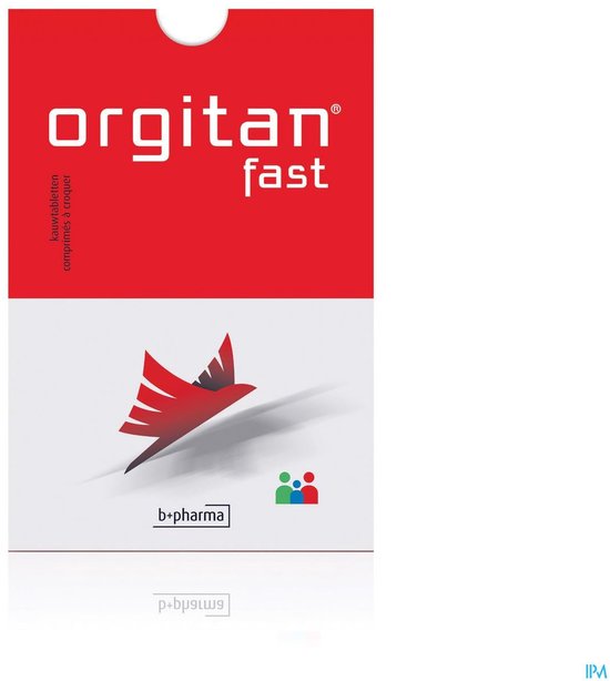 Orgitan Fast doosje met rode en witte opdruk, met een rode vogel symbool.