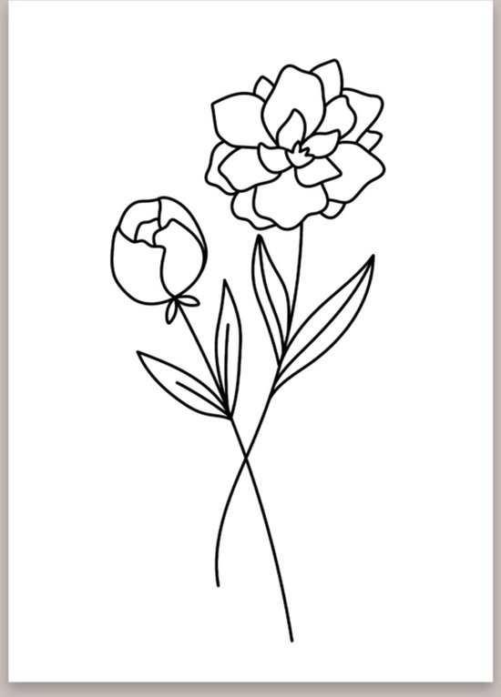 Woonkaart Pioenroos - Decoratiekaart voor in huis - Kaart roos - A6 zwart/ wit