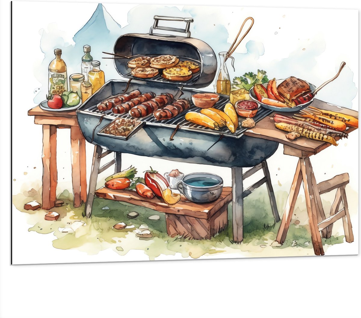 Dibond - Tekening met Barbecue met Eten - 100x75 cm Foto op Aluminium (Wanddecoratie van m