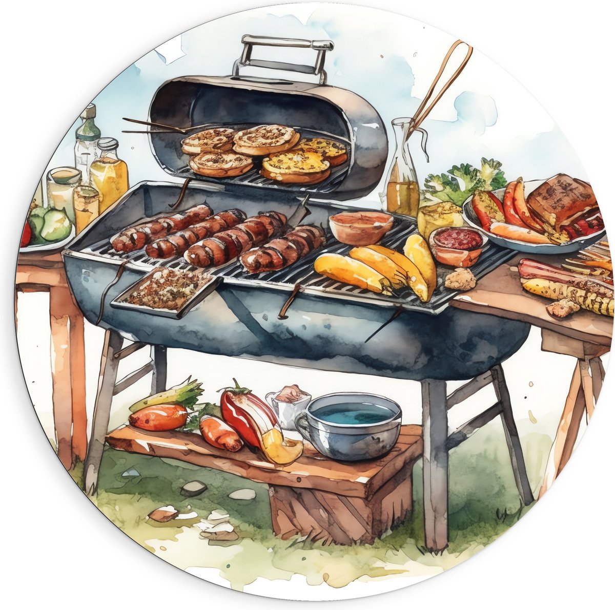 Dibond Muurcirkel - Tekening met Barbecue met Eten - 90x90 cm Foto op Aluminium Muurcirkel
