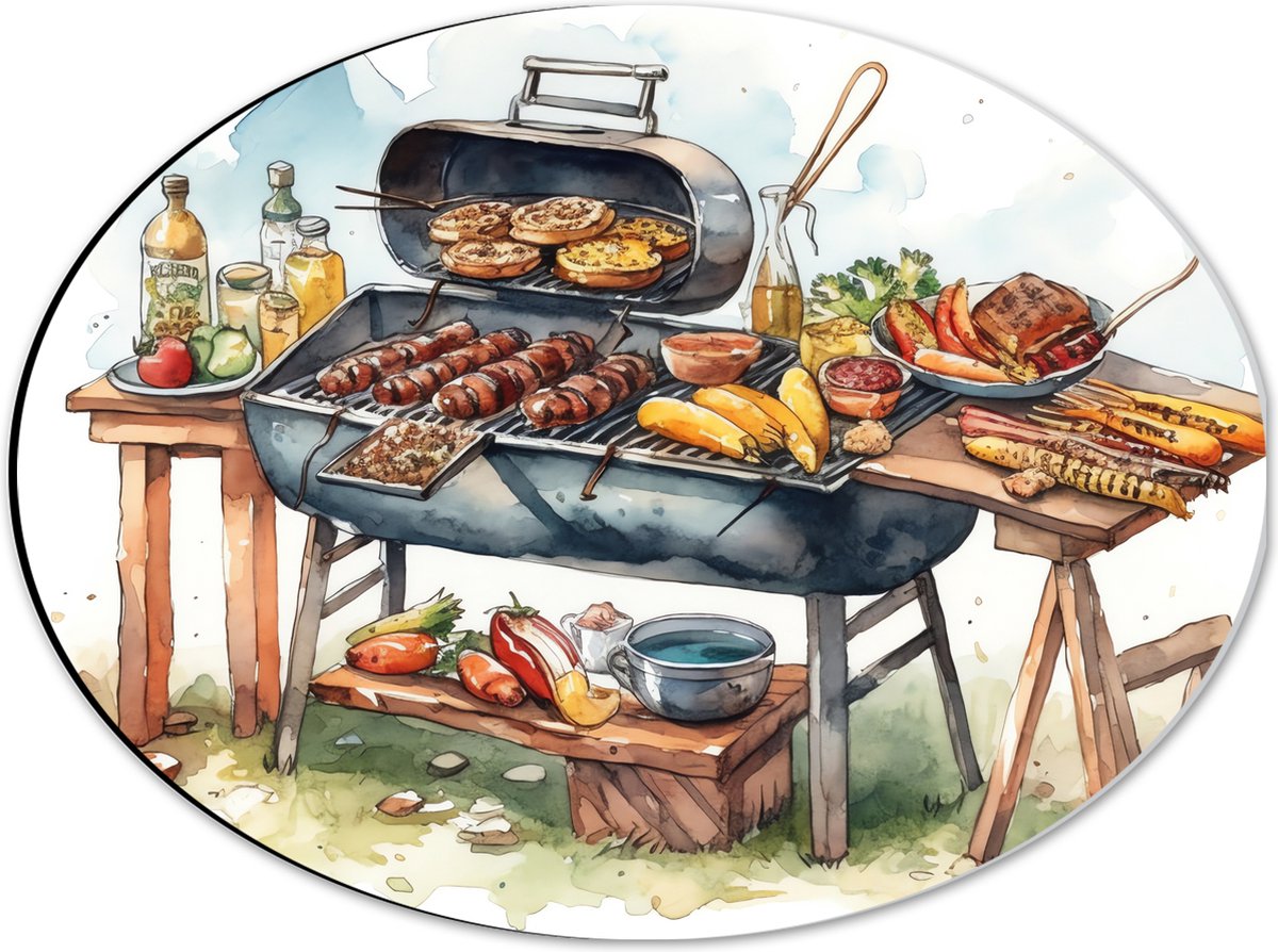 Dibond Ovaal - Tekening met Barbecue met Eten - 40x30 cm Foto op Ovaal (Met Ophangsysteem)