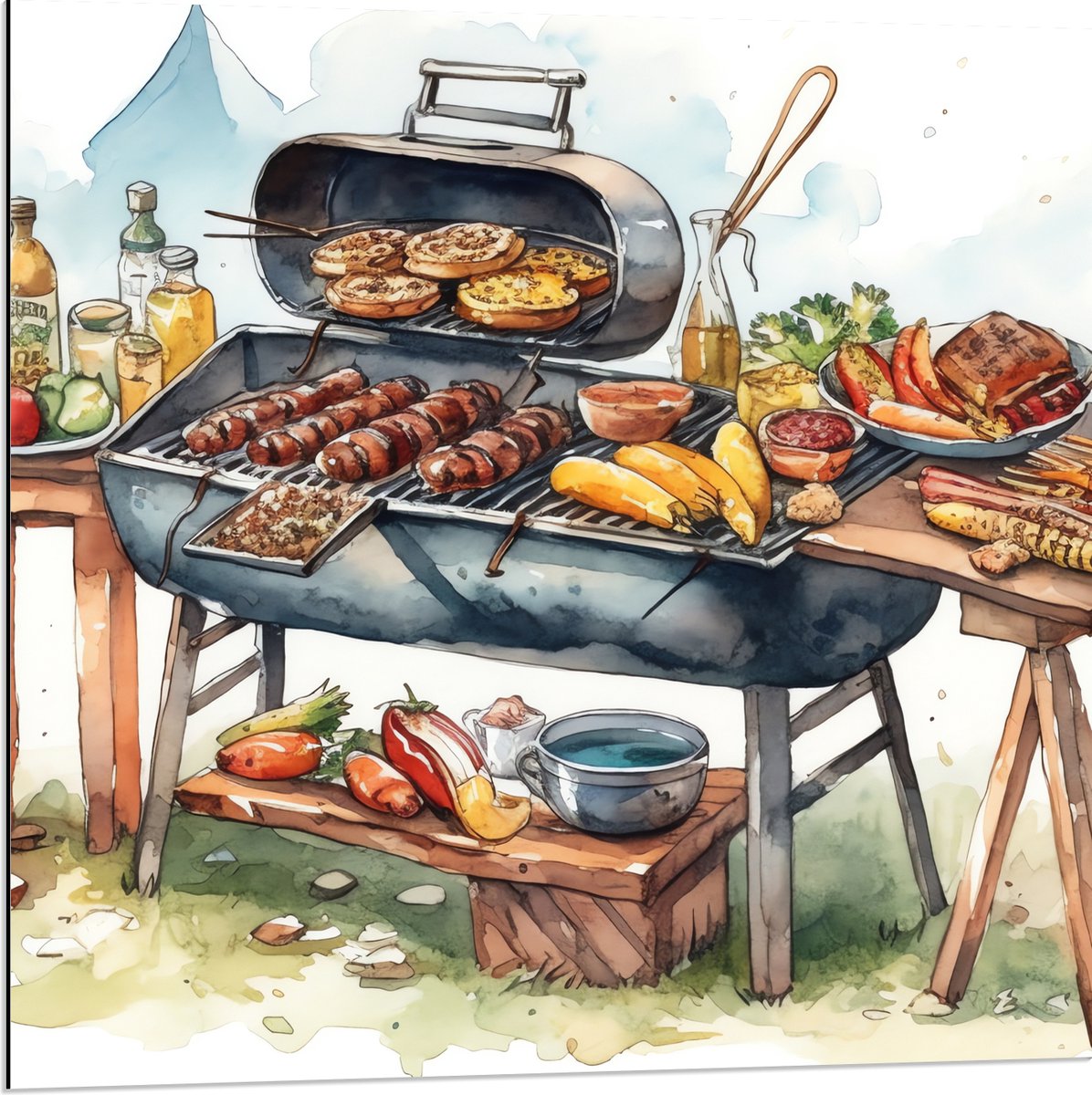 Dibond - Tekening met Barbecue met Eten - 80x80 cm Foto op Aluminium (Wanddecoratie van me