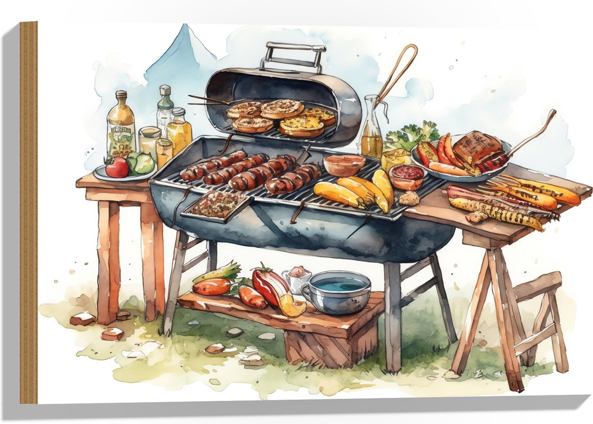 Hout - Tekening met Barbecue met Eten - 60x40 cm - 9 mm dik - Foto op Hout (Met Ophangsyst