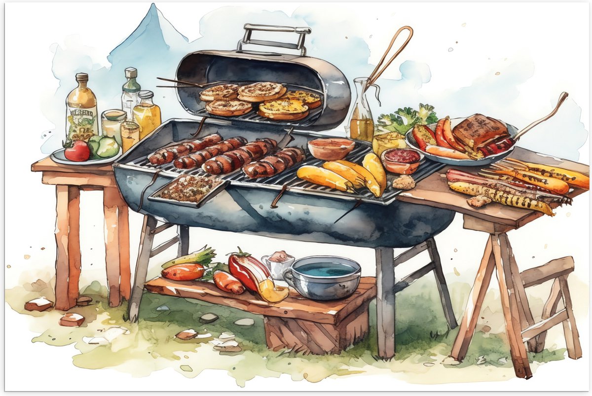 Poster (Mat) - Tekening met Barbecue met Eten - 75x50 cm Foto op Posterpapier met een Matt