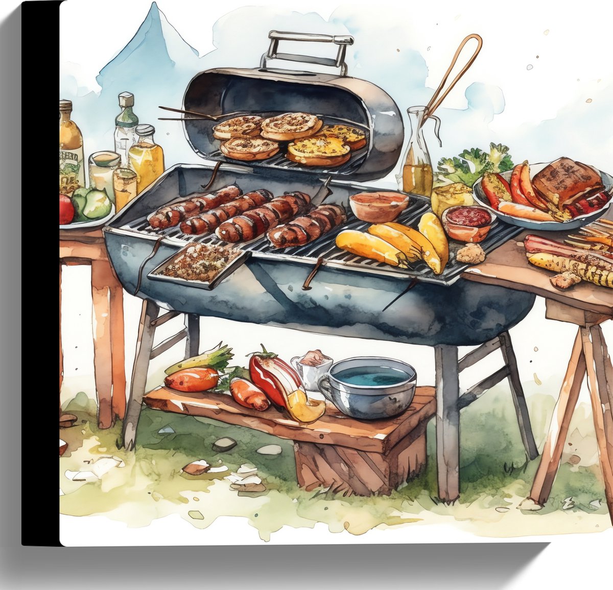 Canvas - Tekening met Barbecue met Eten - 30x30 cm Foto op Canvas Schilderij (Wanddecoratie op Canvas)
